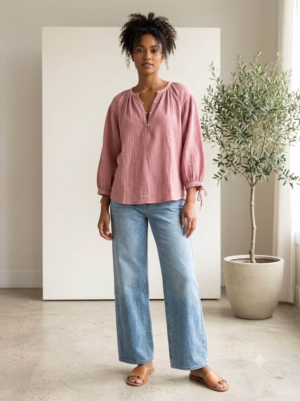 Relaxed Pink Gauze Peasant Blouse with Button Placket ITEM #27 - Picture 9 of 9